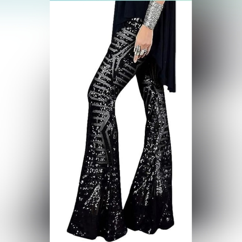 π©SOLDπ© Sequin Flare Pants, Sparkle Shiny High Waisted Wide Leg Trousers Bell